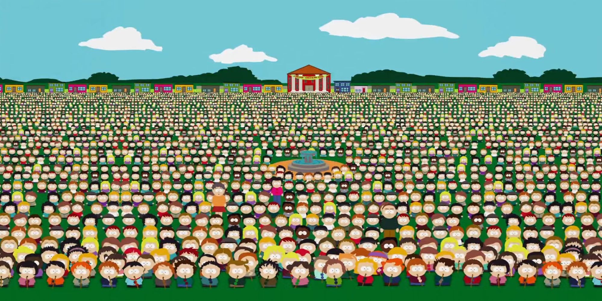A still from "South Park" Season 3, Episode 17 with a very large crowd of characters playing recorders.