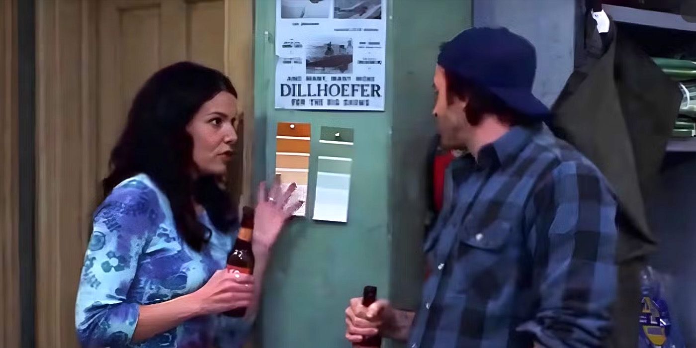 Lorelai (Lauren Graham) and Luke (Scott Patterson) looking at paint colors in the Gilmore Girls episode "That Damn Donna Reed"