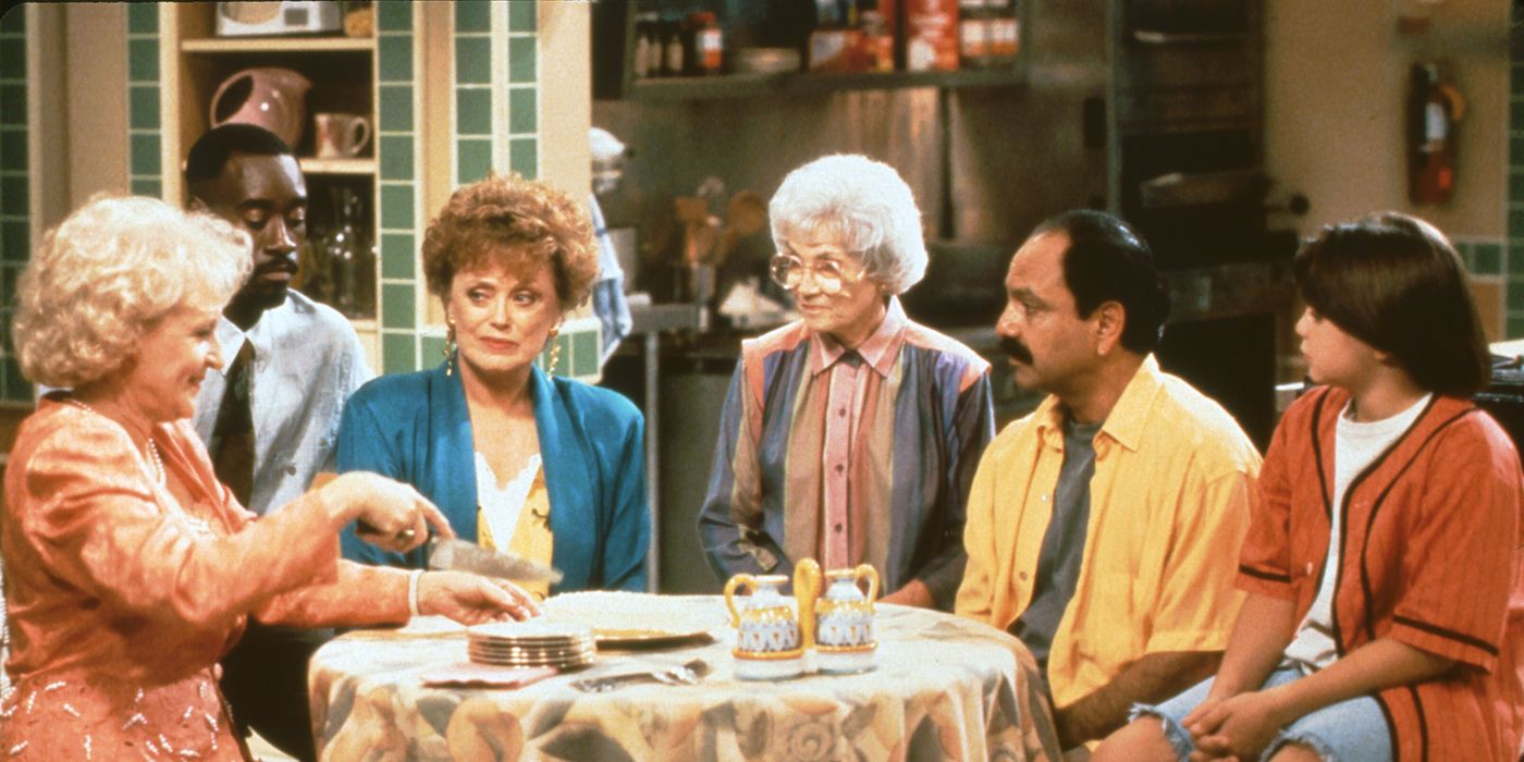 Three older ladies sit at a table with a man and a young teen in The Golden Palace.
