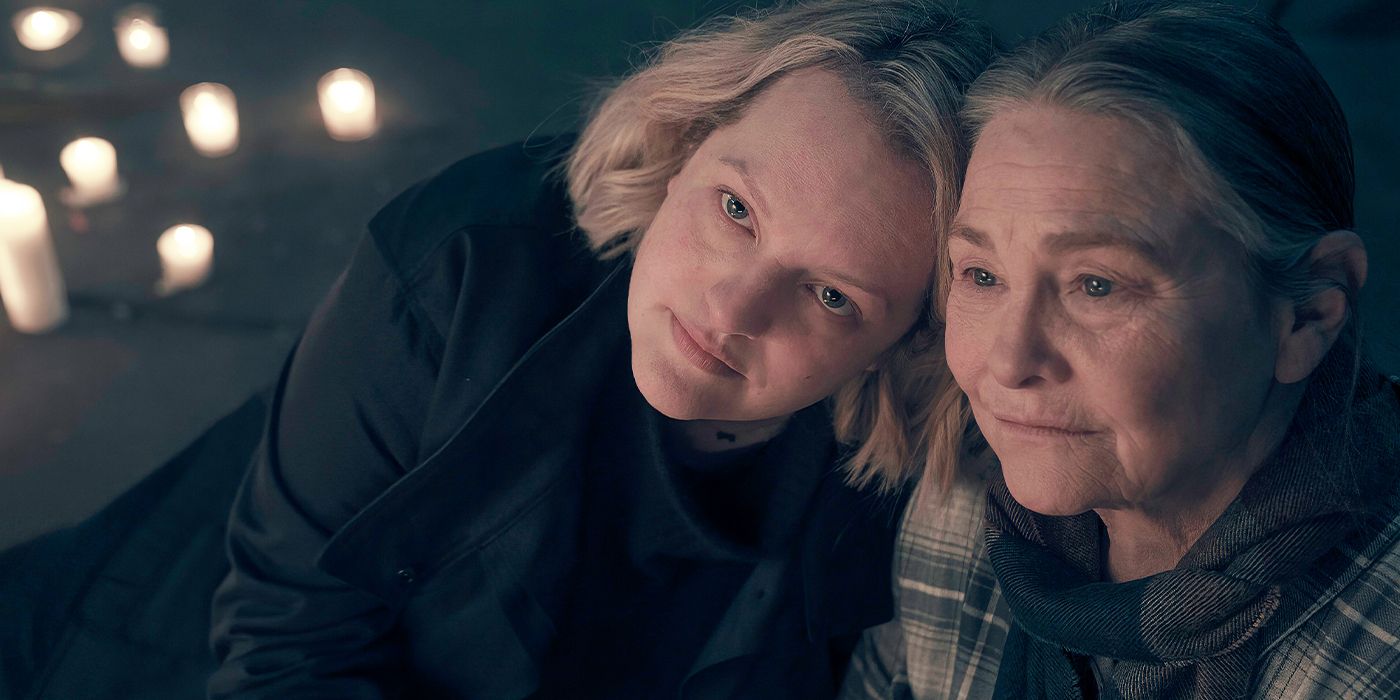 Elisabeth Moss as June and Cherry Jones as Holly in The Handmaid's Tale