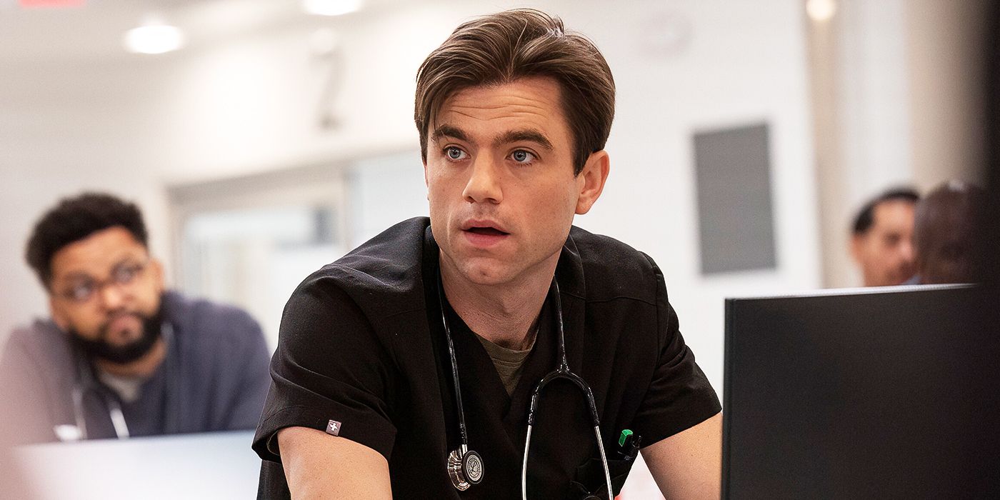 Patrick Ball as Dr. Langdon at a computer in The Pitt