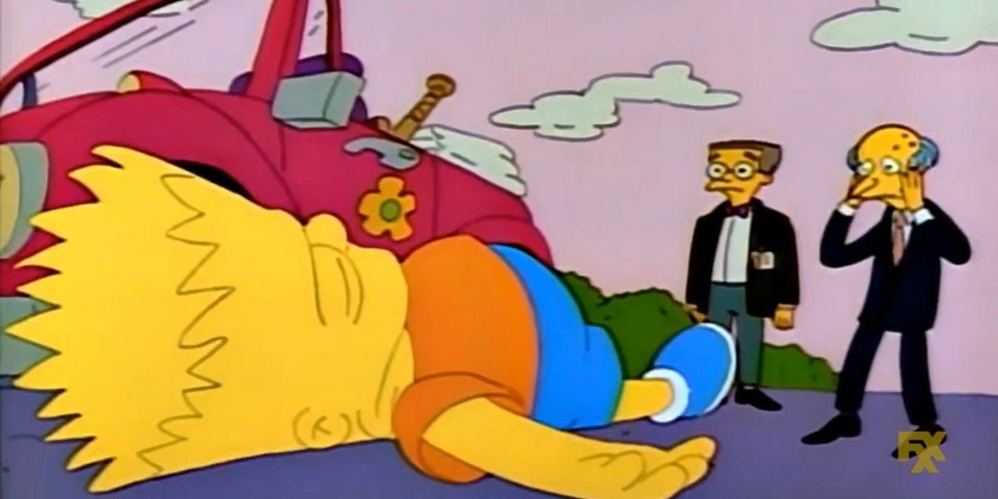 Bart on the ground unconscious as Smithers stares blankly and Mr. Burns looks concerned in The Simpsons.