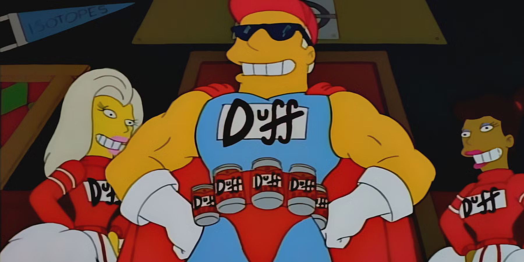 Duffman stands with cans around his waist and a red cape in The Simpsons.