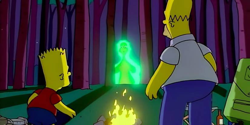 Homer and Bart near a campfire staring at a glowing being in the woods in The Simpsons.