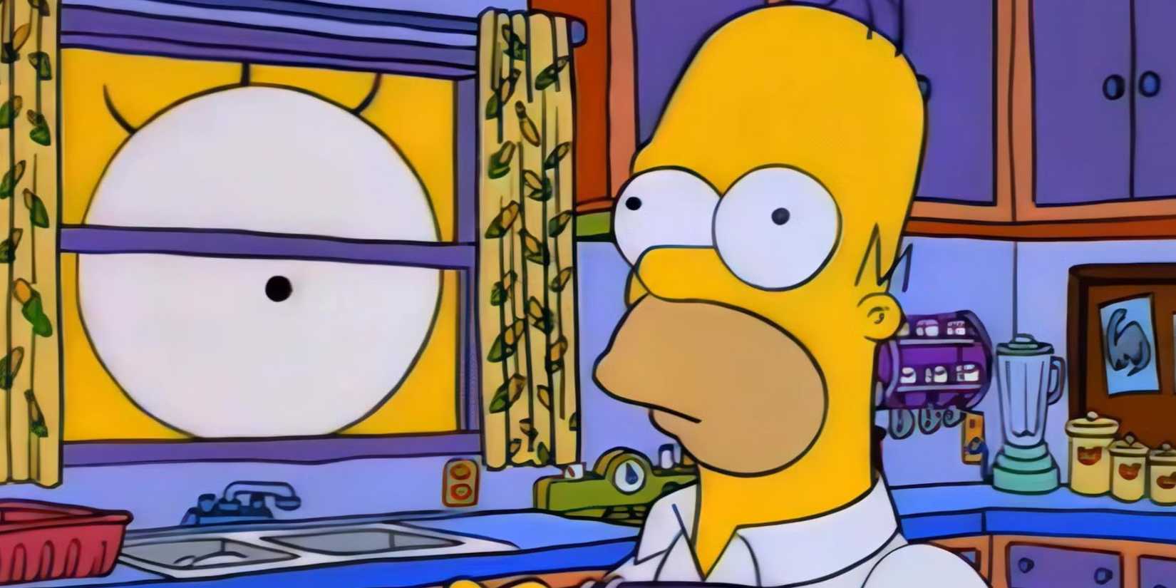 Homer holds a toaster in a kitchen as a giant eye stares at him through the window in The Simpsons.