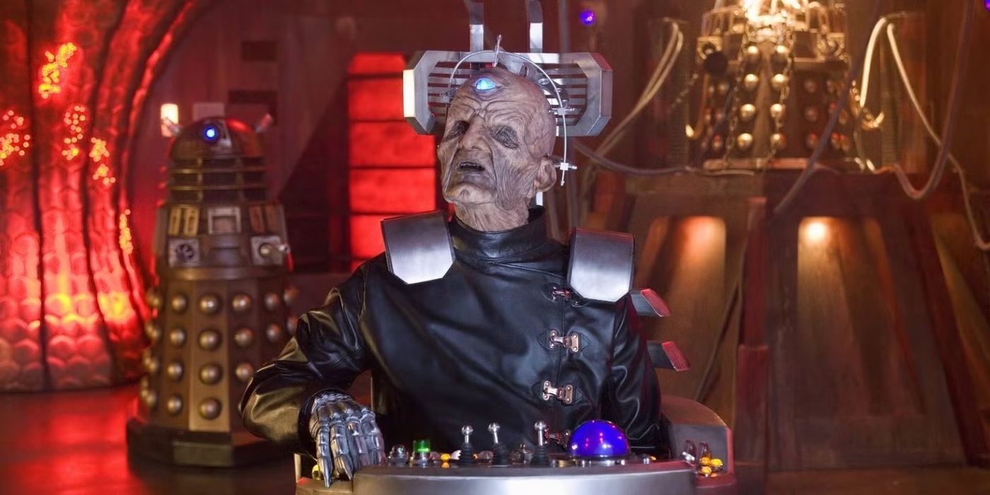 Davros in his dalek-like chair gloats with daleks behind in The Stolen Earth Doctor Who episode, 2008.