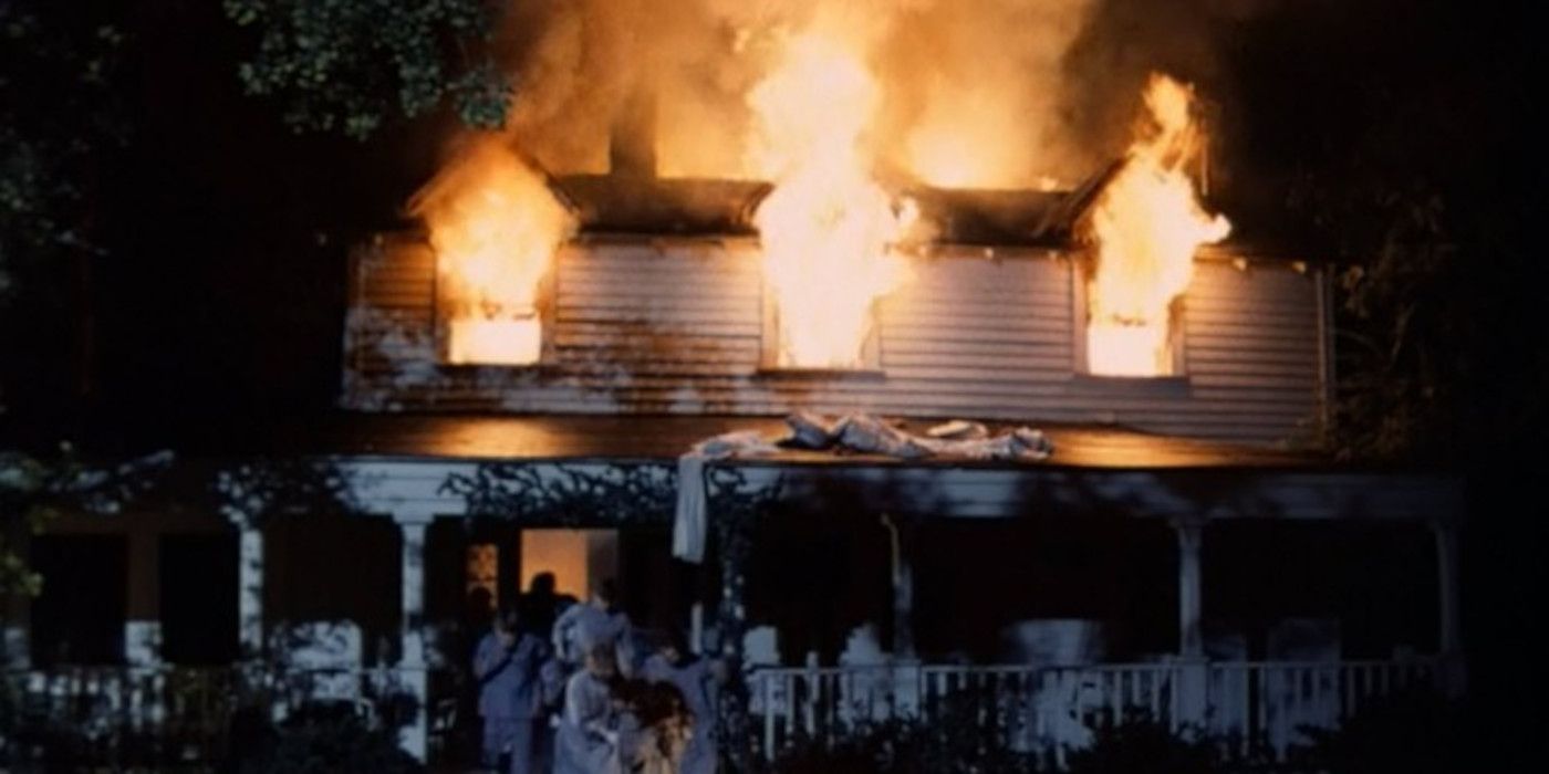 A house in on fire at night in The Waltons.