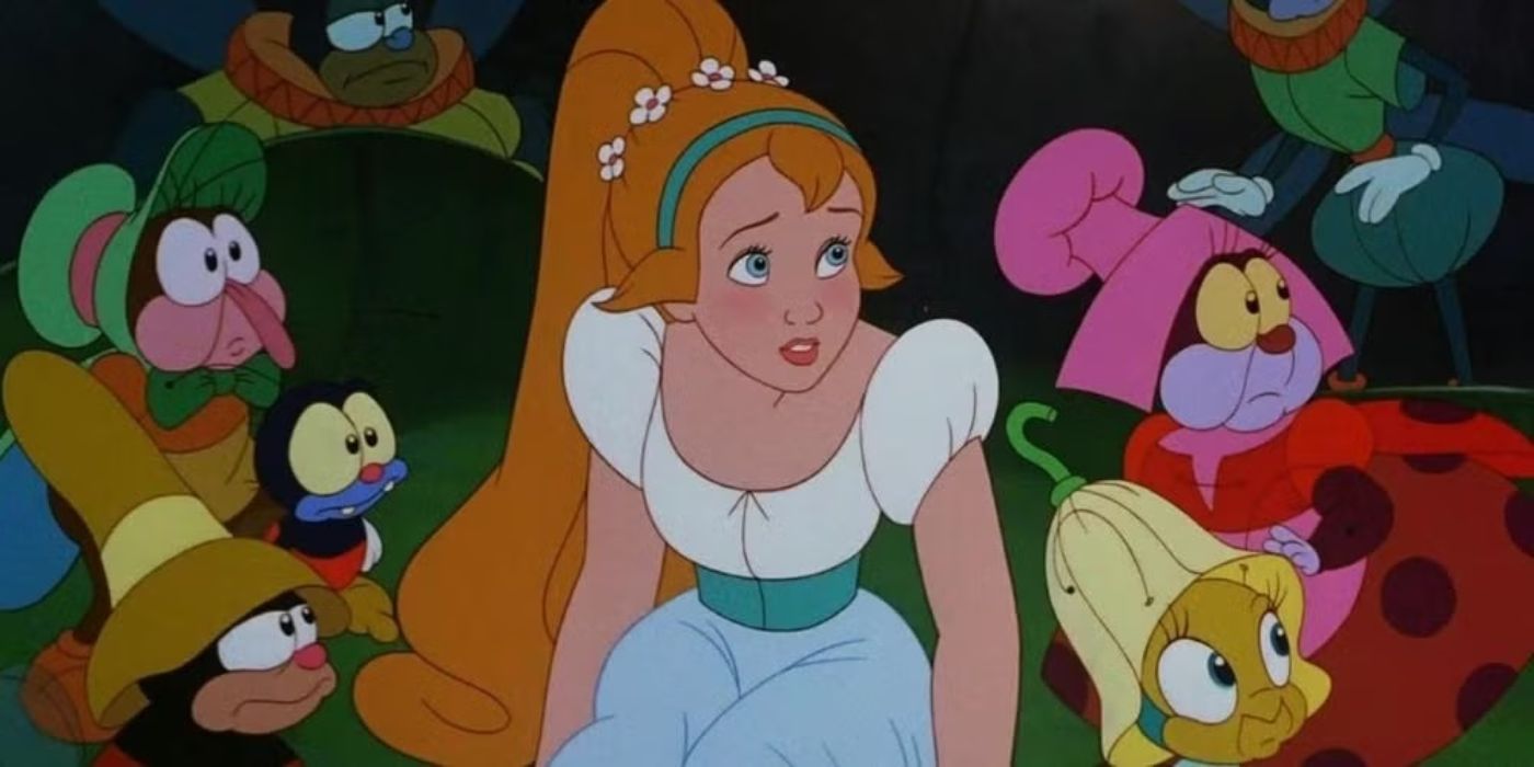 Thumbelina, voiced by Jodi Benson, surrounded by bugs in Don Bluth's Thumbelina.