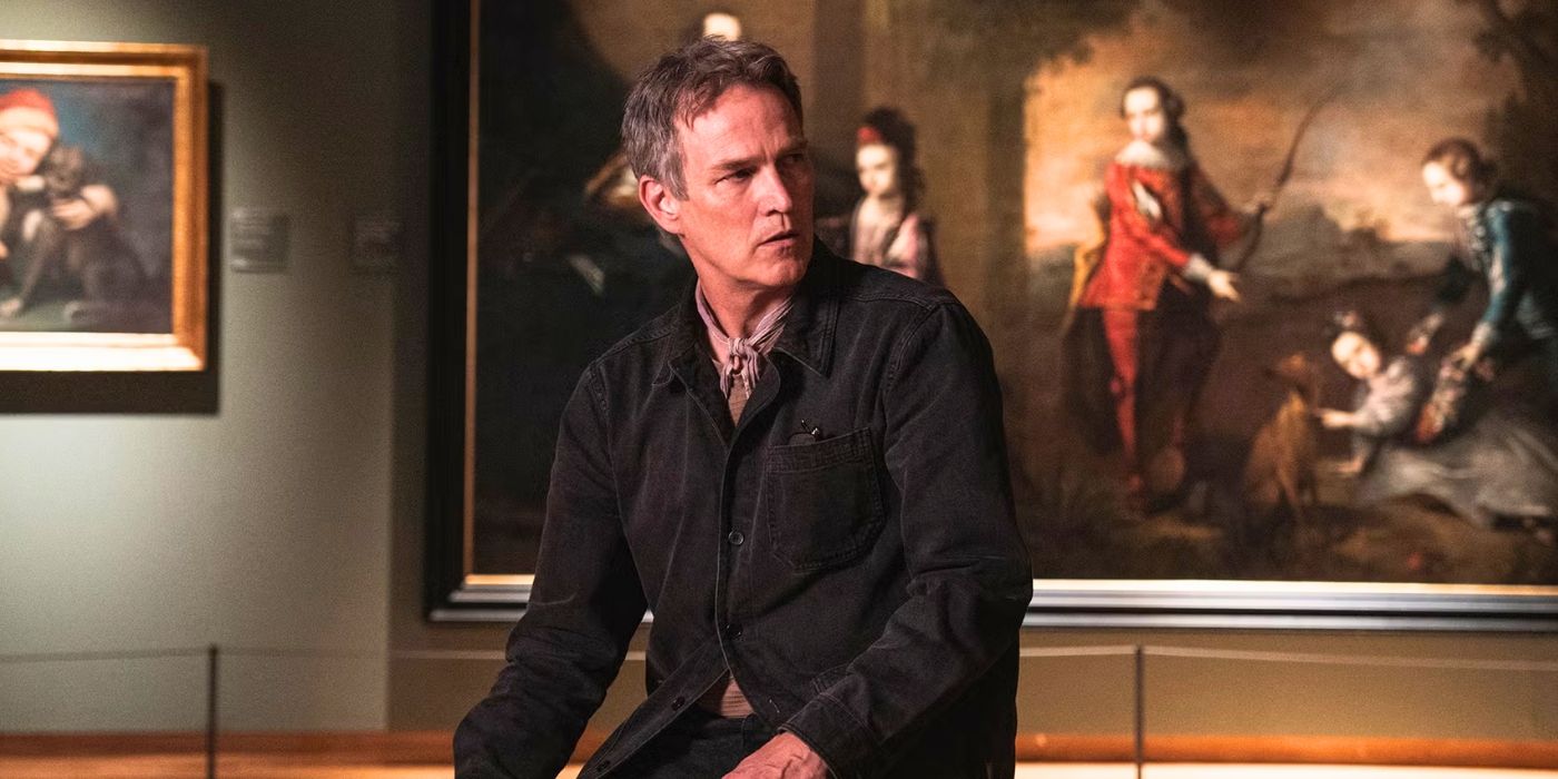 Stephen Moyer looking pensive in an art museum in Art Detectives. 
