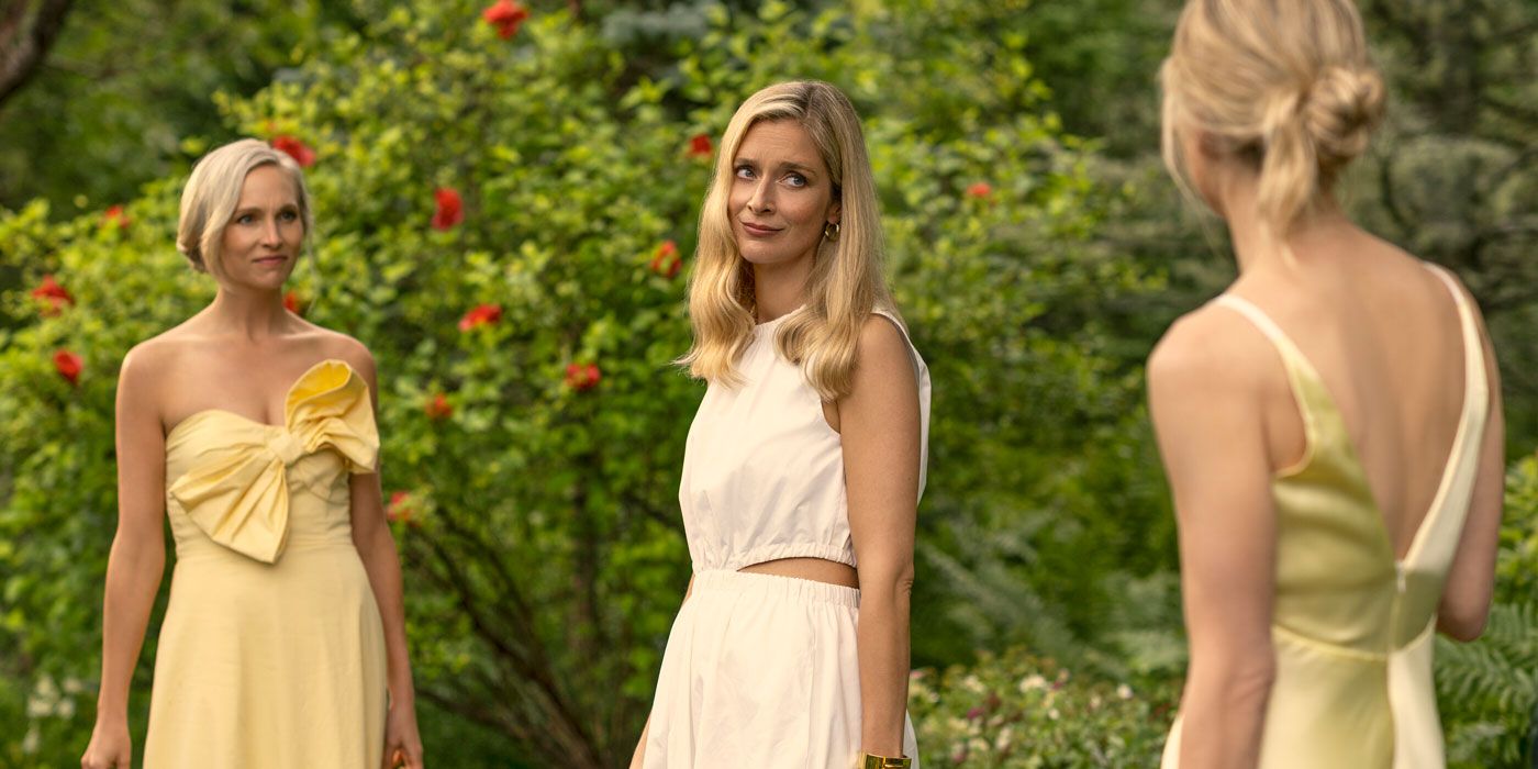 Caitlin Fitzgerald, Candice King and Mamie Gummer in dresses outside in We Were Liars Season 1, Episode 6.