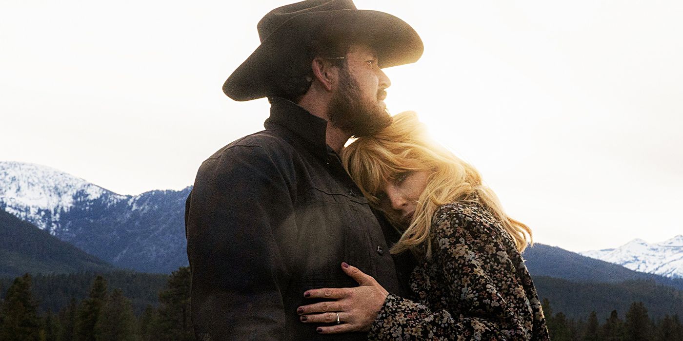 Kelly Reilly and Cole Hauser as Beth Dutton and Rip Wheeler embracing in Yellowstone.