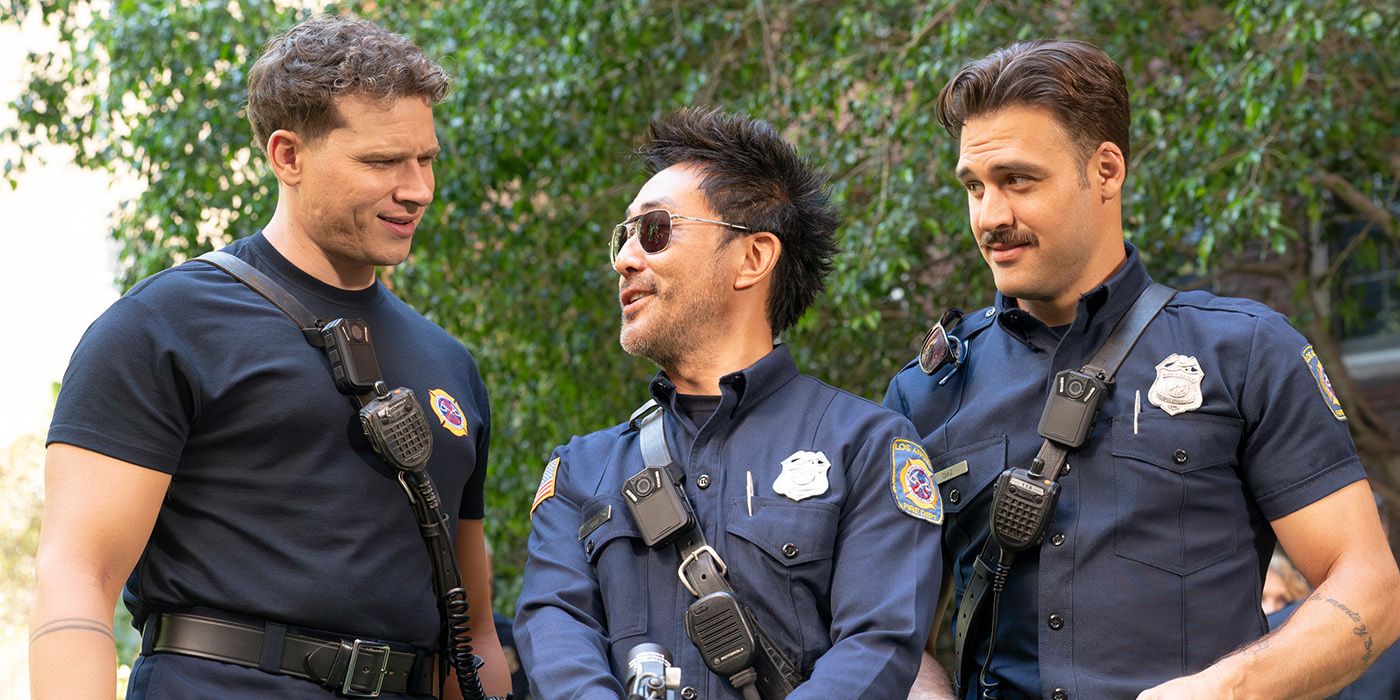 Buck, Chimney, and Eddie stand in their uniforms with smiles on their faces in a '9-1-1' image
