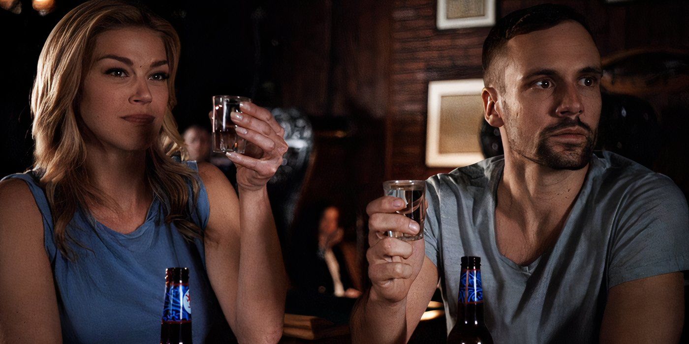 Adrianne Palicki e Nick Blood como Bobbi e Lance com um tiro de tequila em 'Agents of Shield'