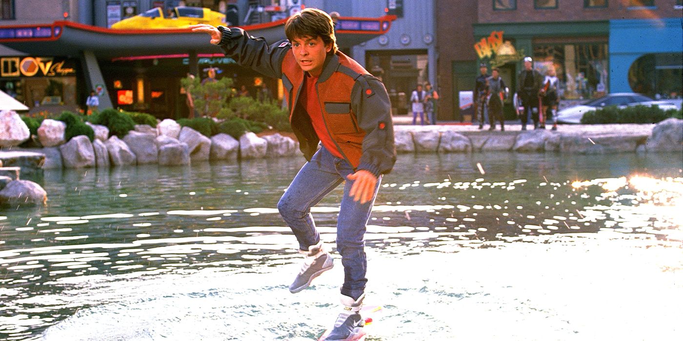 Marty McFly on a hoverboard over a pond in Courthouse Square in Back to the Future 2