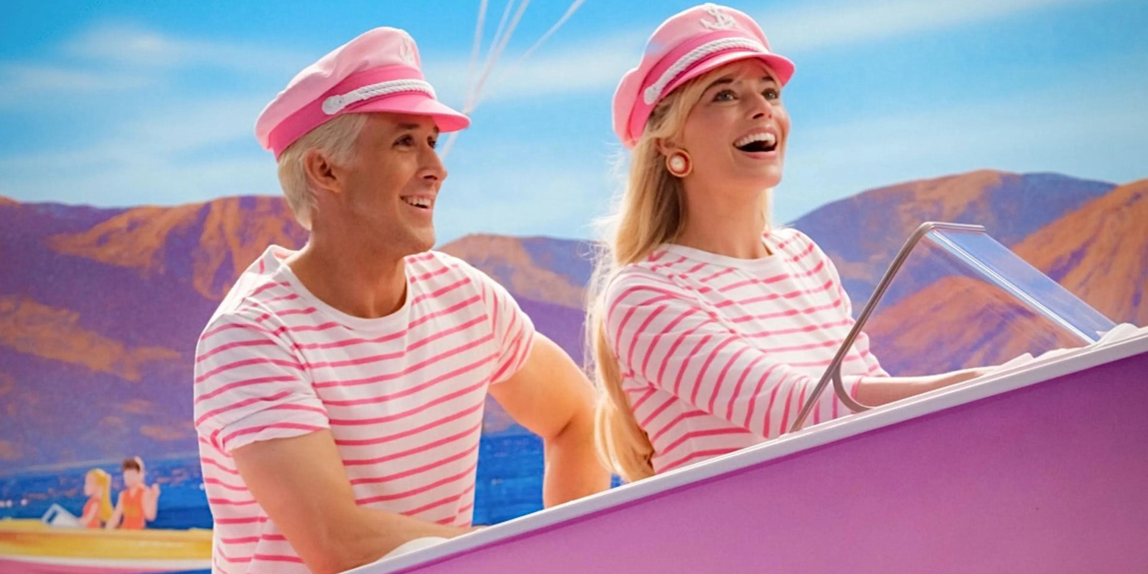 Barbie and Ken, played by actors Margot Robbie and Ryan Gosling, smile happily while driving a speedboat in Barbie.