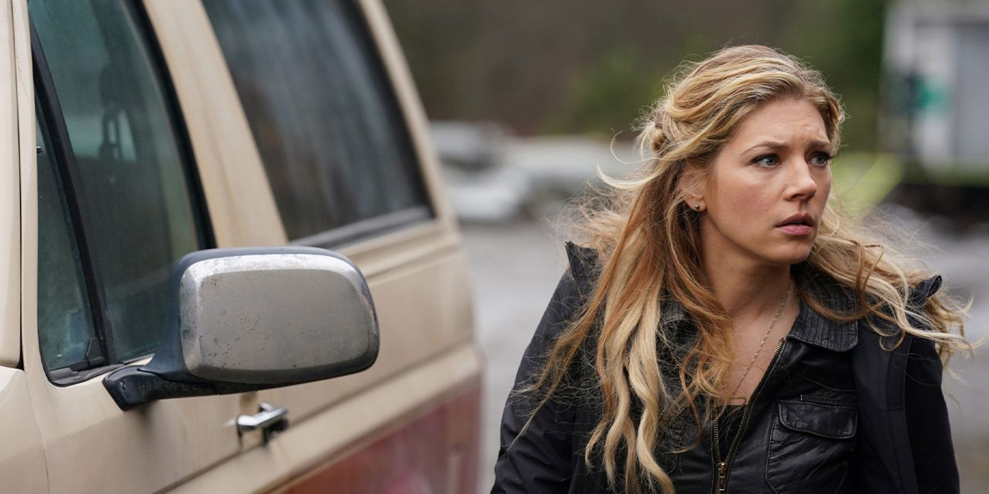 Katheryn Winnick as Jenny Hoyt beside a car on 'Big Sky.'