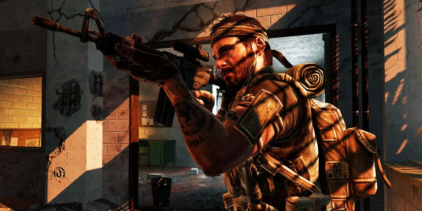 Captain Alex Mason pointing a gun at someone during a mission in Call of Duty: Black Ops