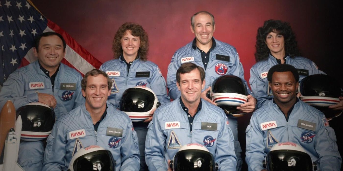 The Challenger astronauts pose for a photo before their mission in Challenger: The Final Flight.
