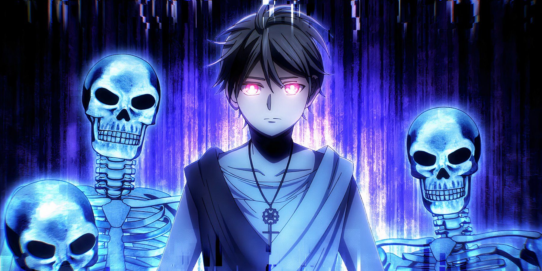 Corpse God standing among skeletons with his eyes glowing red in the anime series Dead Mount Death Play.