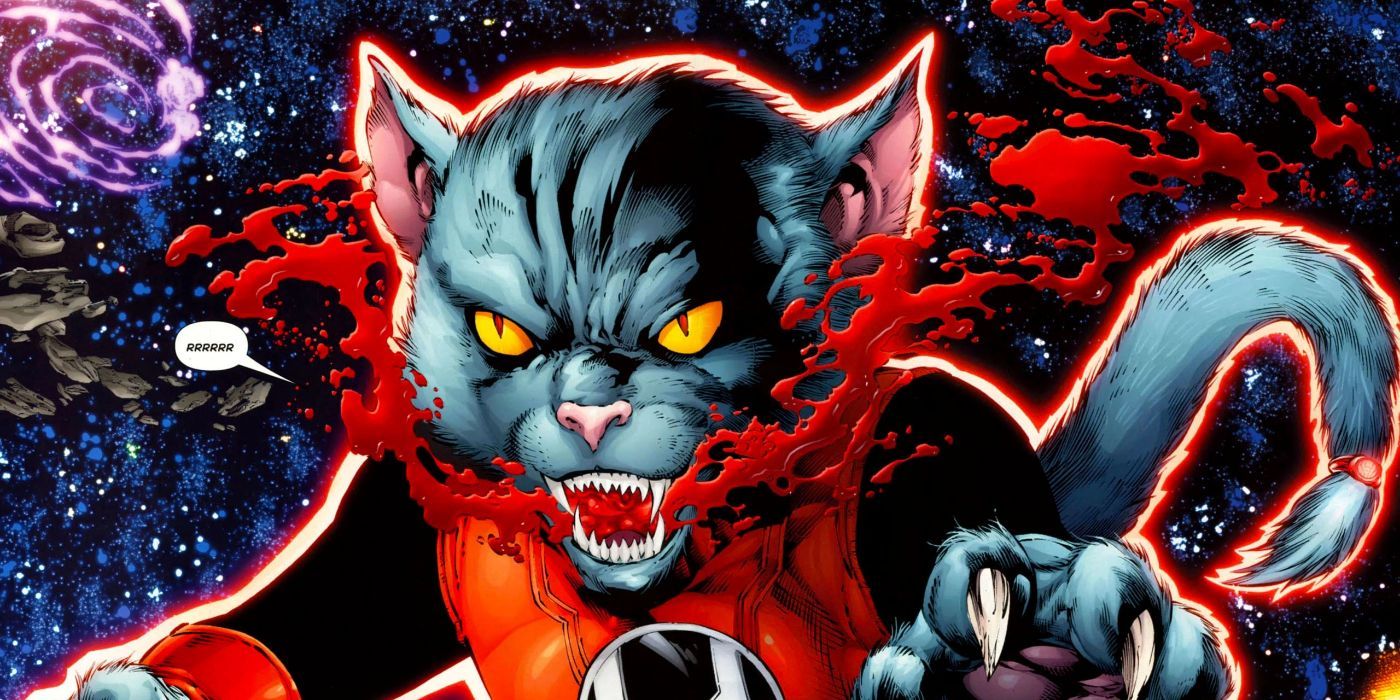 Dex-Starr, um gato de lanterna vermelha com respiração vermelha nos quadrinhos da DC.