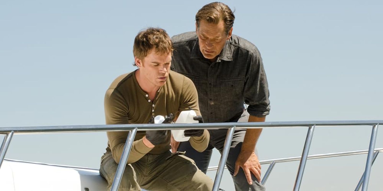 The ghost of Dexter's father standing over him while he looks at something on a boat in Ricochet Rabbit (2011)