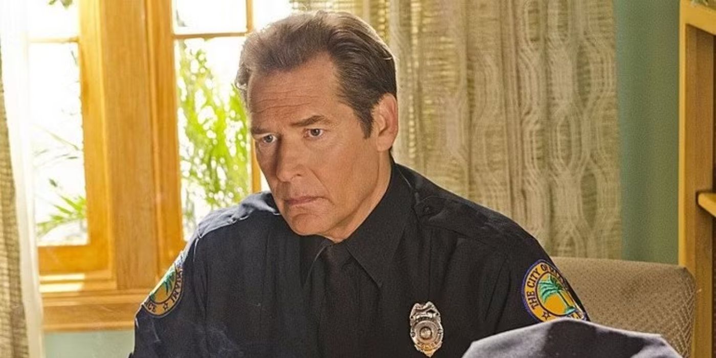James Remar as Harry Morgan looking distraught, sitting in a chair in an officer's uniform in Dexter.