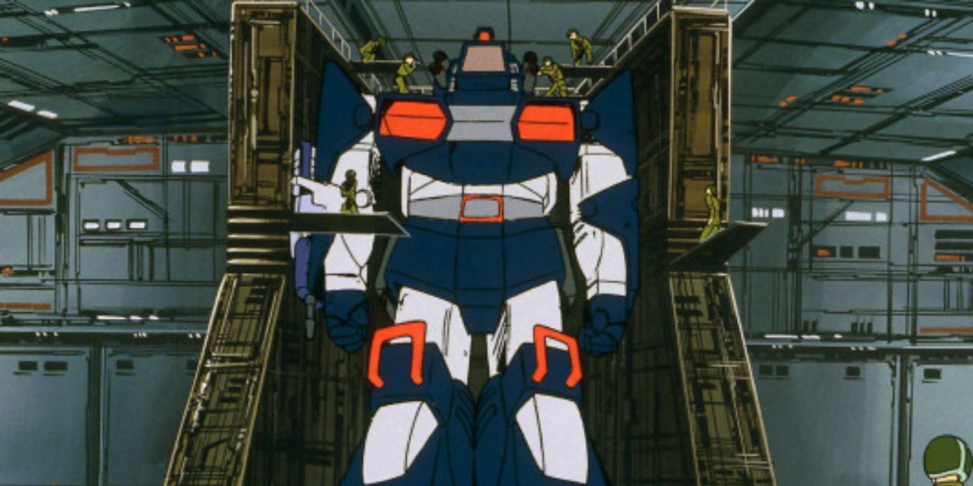 A mech having maintenance done in Fang of the Sun Dougram anime