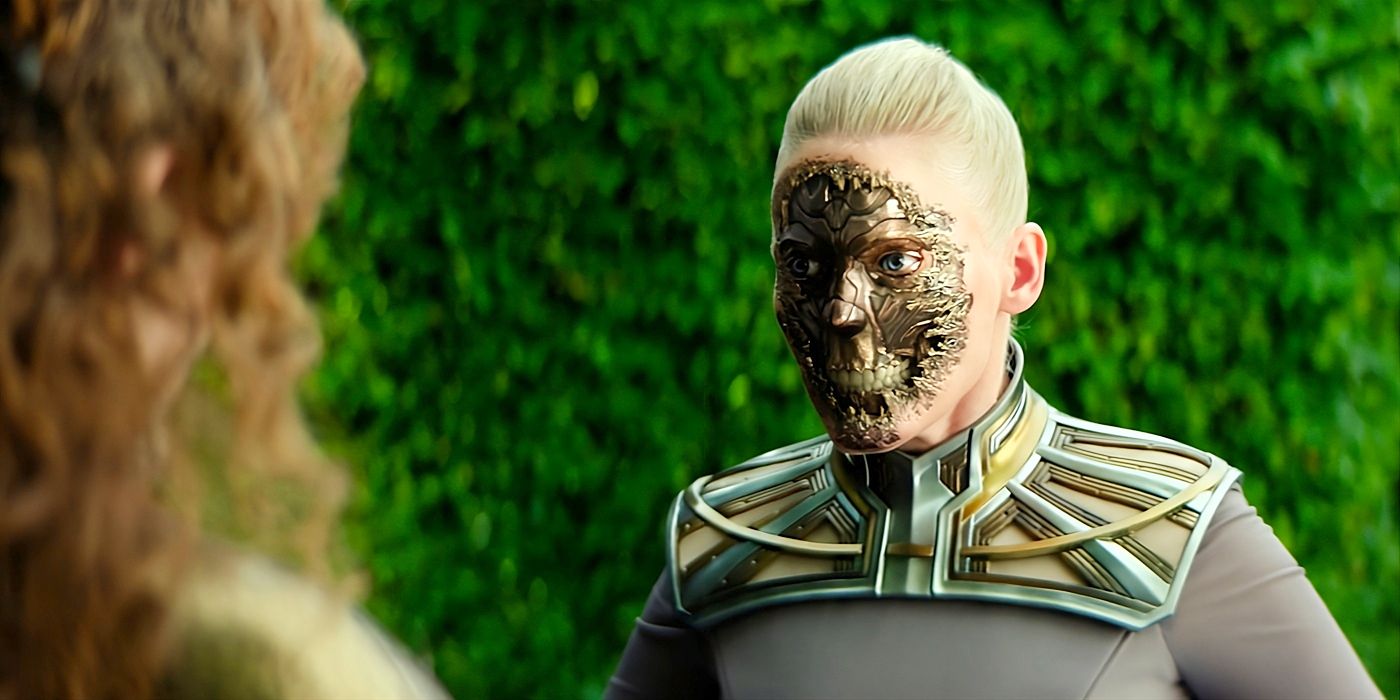 Demerzel showing the golden robot metal underneath her human skin in Foundation Season 3 Episode 4