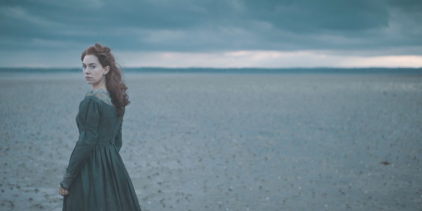 Lady Jemima Hervey (Vanessa Kirby) standing on sandy land.
