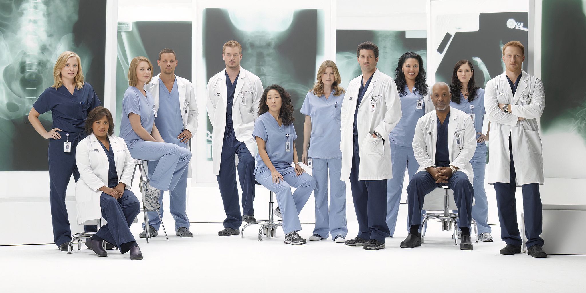 Jessica Capshaw, Chandra Wilson, Katherine Heigl, Justin Chambers, Eric Dane, Sandra Oh, Ellen Pompeo, Patrick Dempsey, Sara Ramirez, James Pickens Jr., Chyler Leigh, and Kevin McKidd in promotional image for Grey's Anatomy Season 6