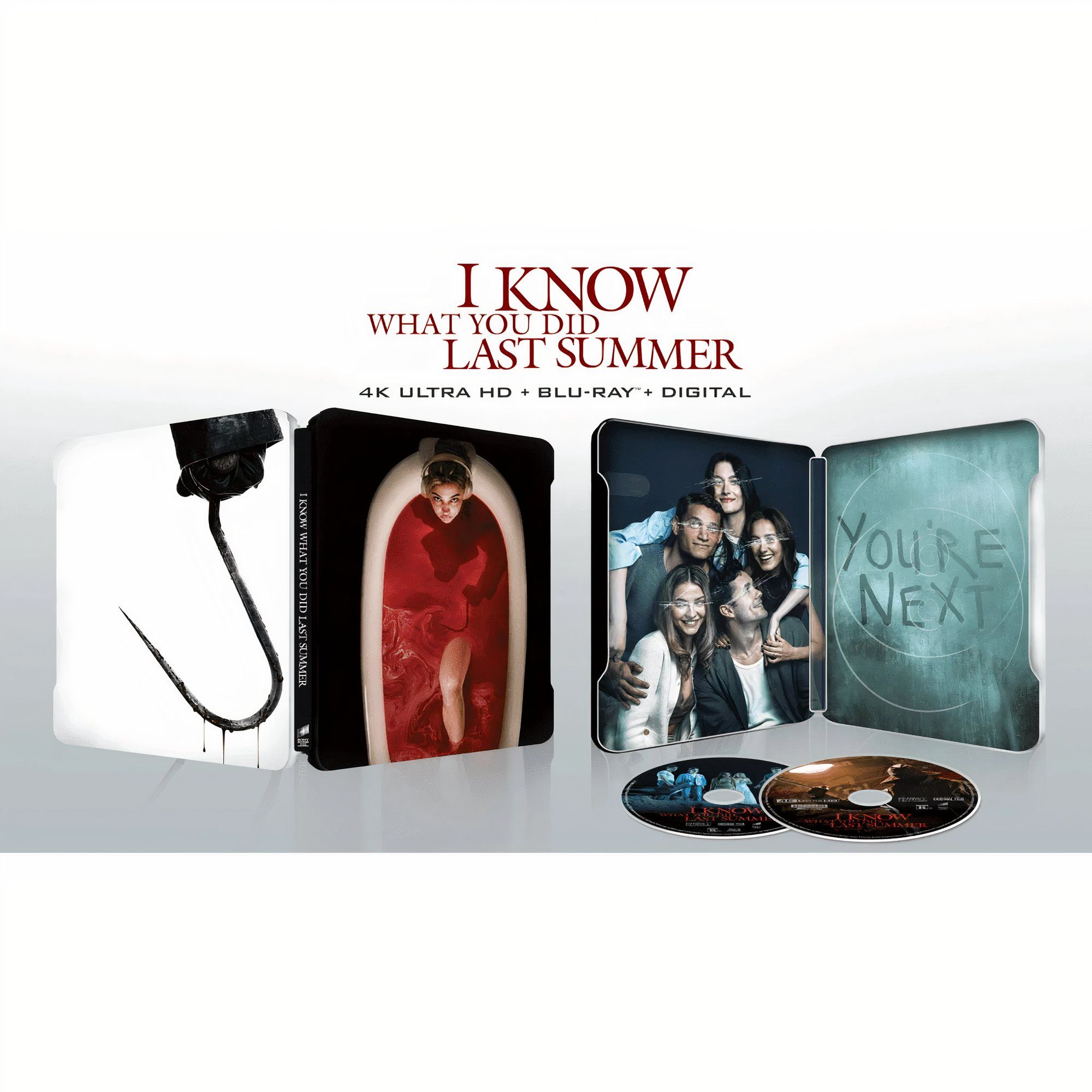 The upcoming IKWYDLS 4K/Blu-ray/Digital combo pack steelbook will feature Madelyn Cline’s Danica Richards listening to her mediations while in the bath tube with her blood-red bath bomb on the front cover. This is just like one of the kill sequences in the film. The back cover features an image of the Fisherman Killer’s deadly hook, while the inside art has a photo of the new ensemble cast next to the message “You're Next”. 