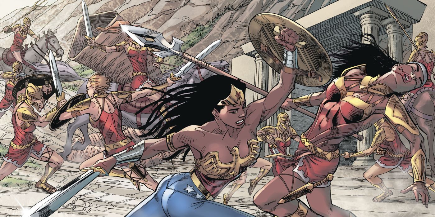 Wonder Woman Nubia and a group of Amazonians training on Paradise Island in the Injustice 2 comic.
