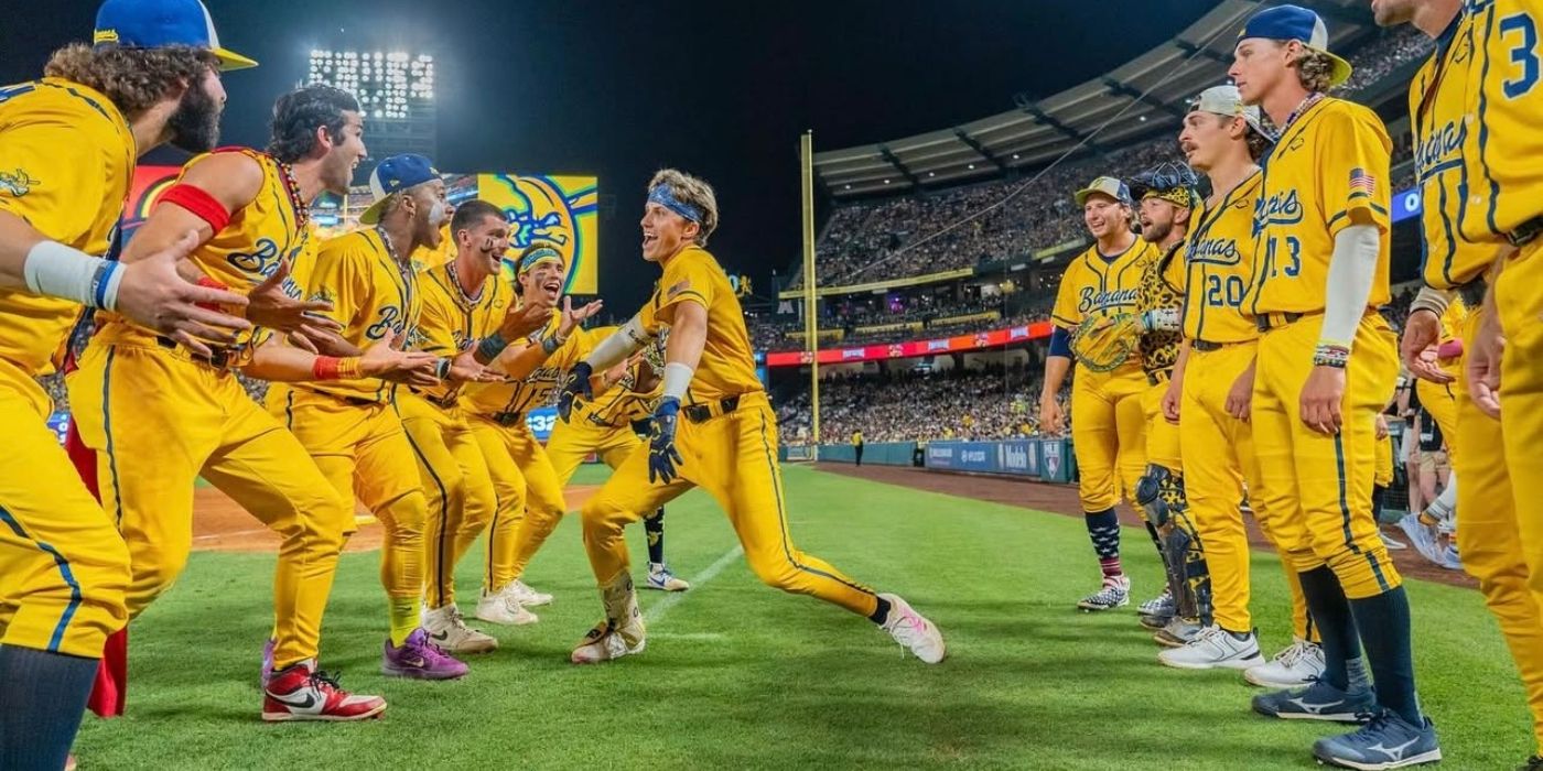 Jackson Olson dances his way to the plate as the Savannah Bananas cheer him on.