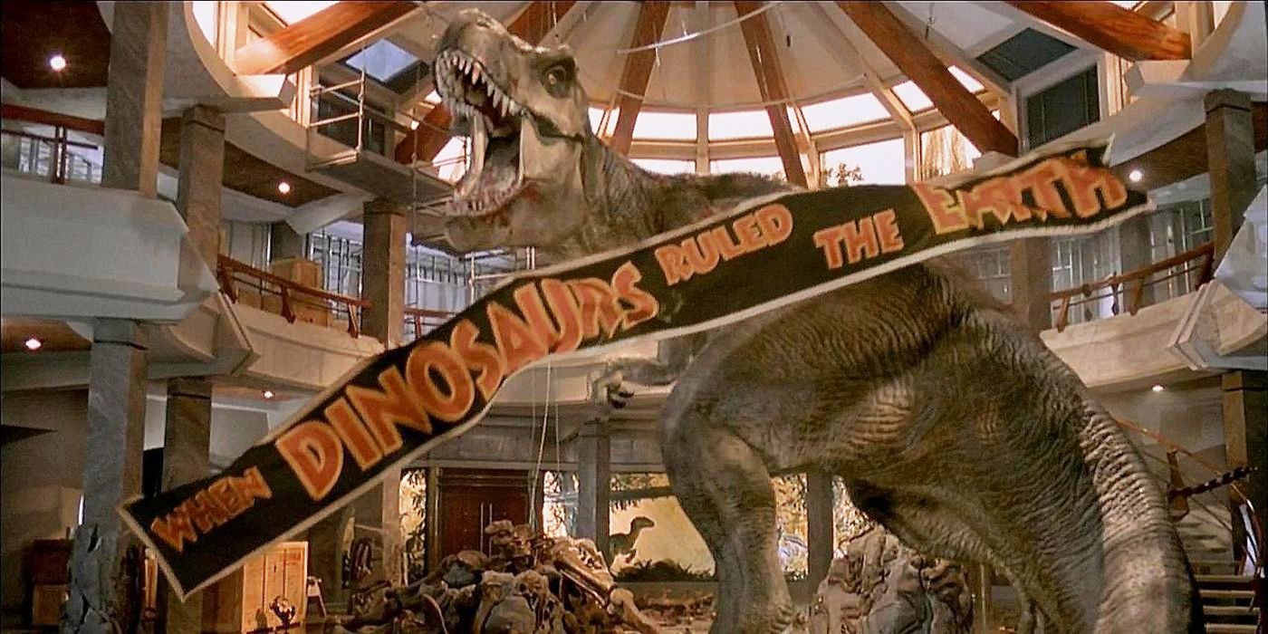 A Tyrannosaurus rex roaring at the end of Steven Spielberg's Jurassic Park (1993)