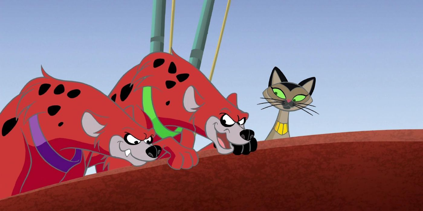 Joker's hyenas, Bud and Lou, teaming up with Catwoman's cat, Isis, in Krypto the Superdog.