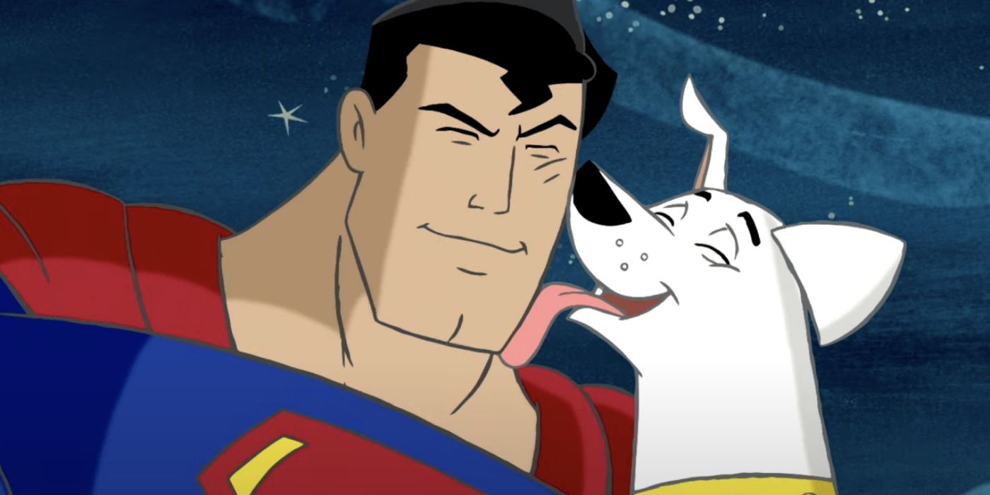 Superman smiling while reuniting with Krypto in Krypto the Superdog.