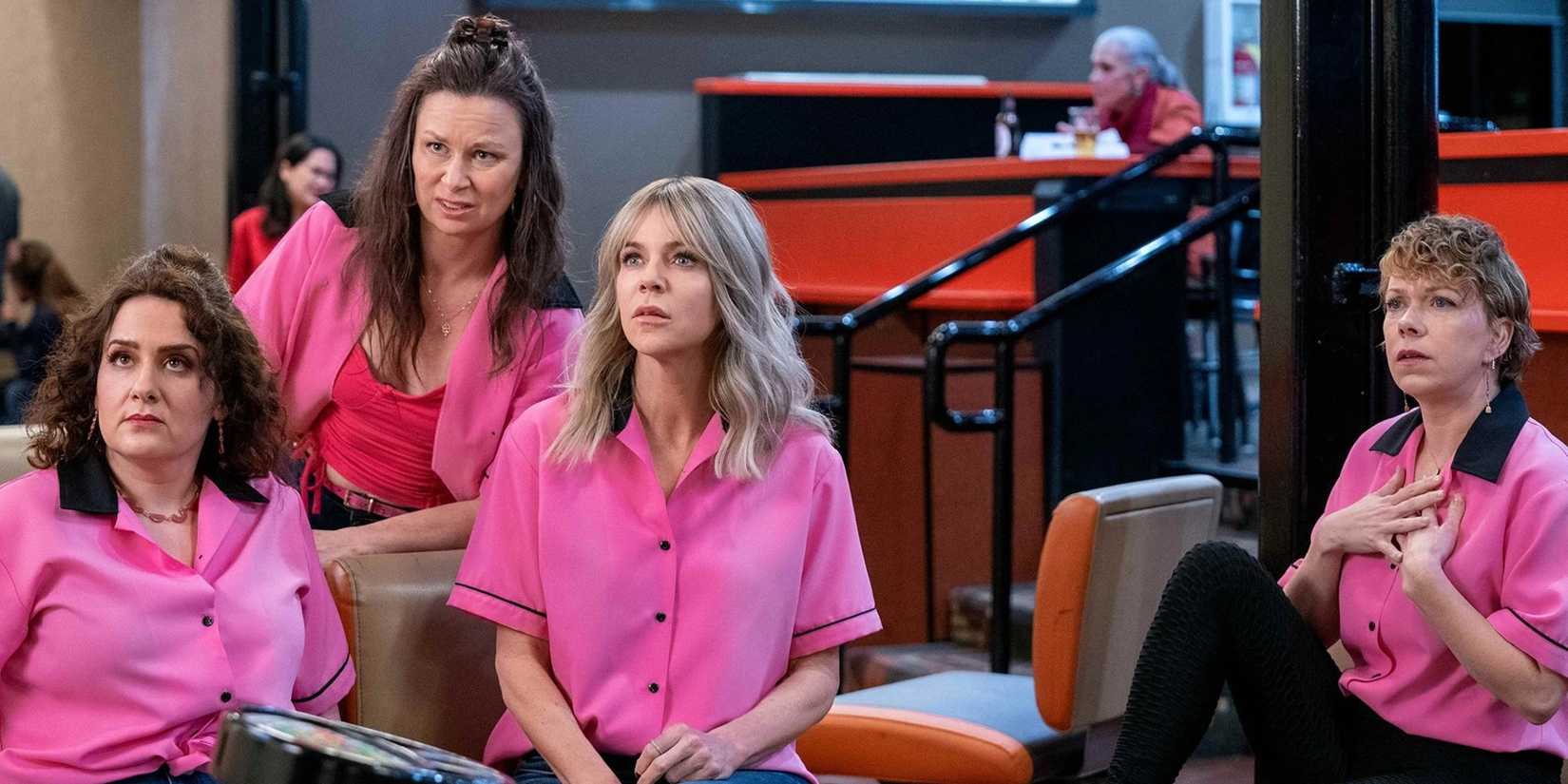 Artemis, Gail, Dee, and The Waitress in matching pink bowling shirts in It's Always Sunny in Philadelphia.