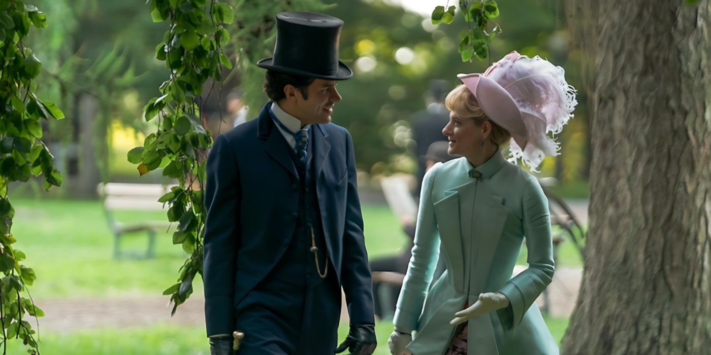 Harry Richardson as Larry walking with Louisa Jacobson as Marian among the trees in The Gilded Age Season 3 