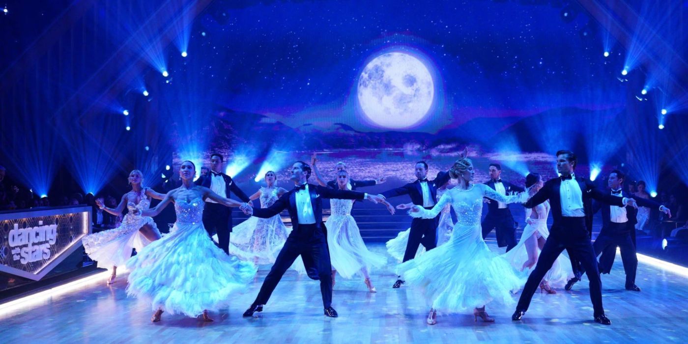 Dancers perform a tribute to judge Len Goodman in a waltz to the song Moon River on Dancing with the Stars.