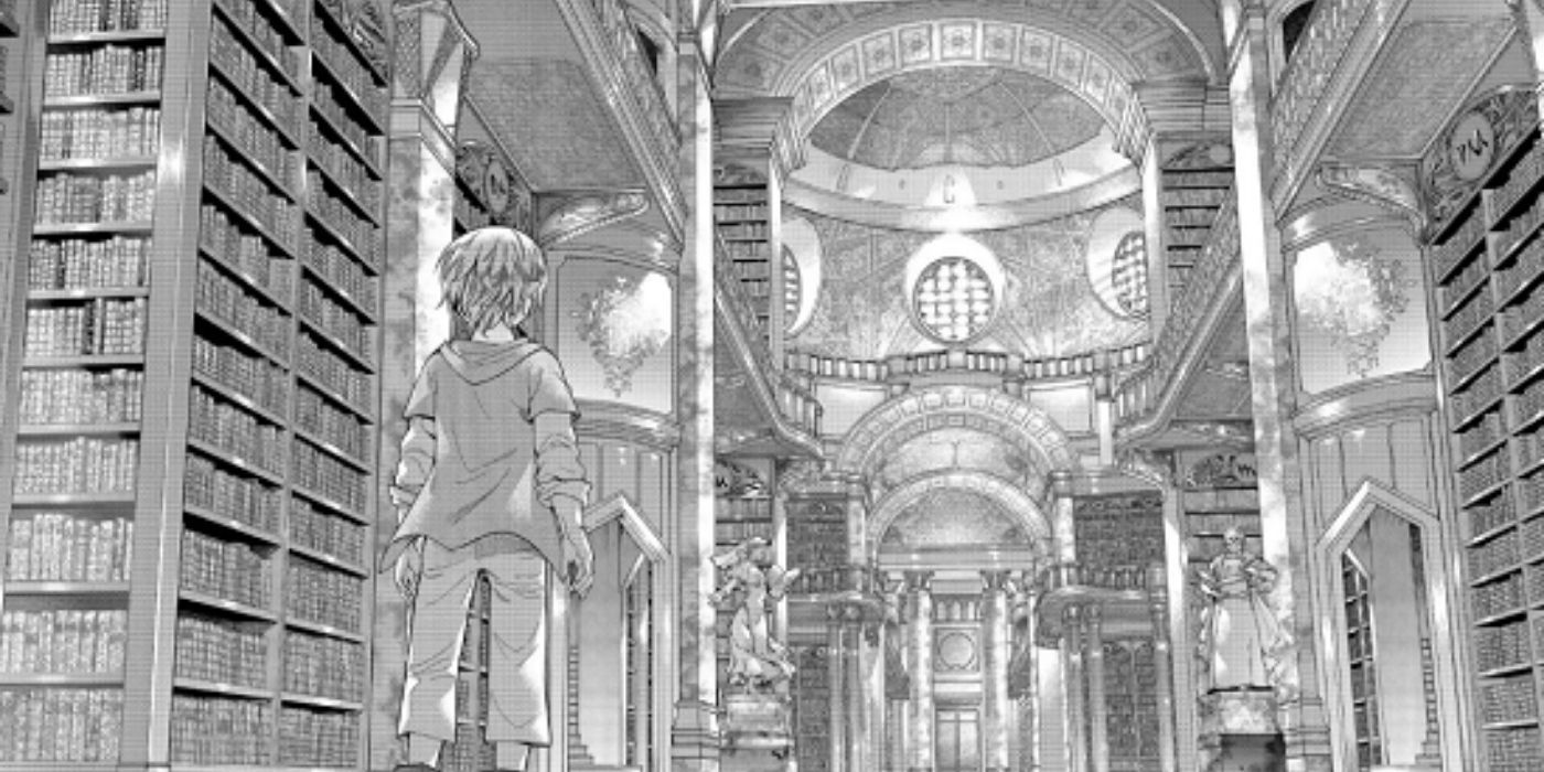 Theo standing in front a a grand library in Magus of the Library