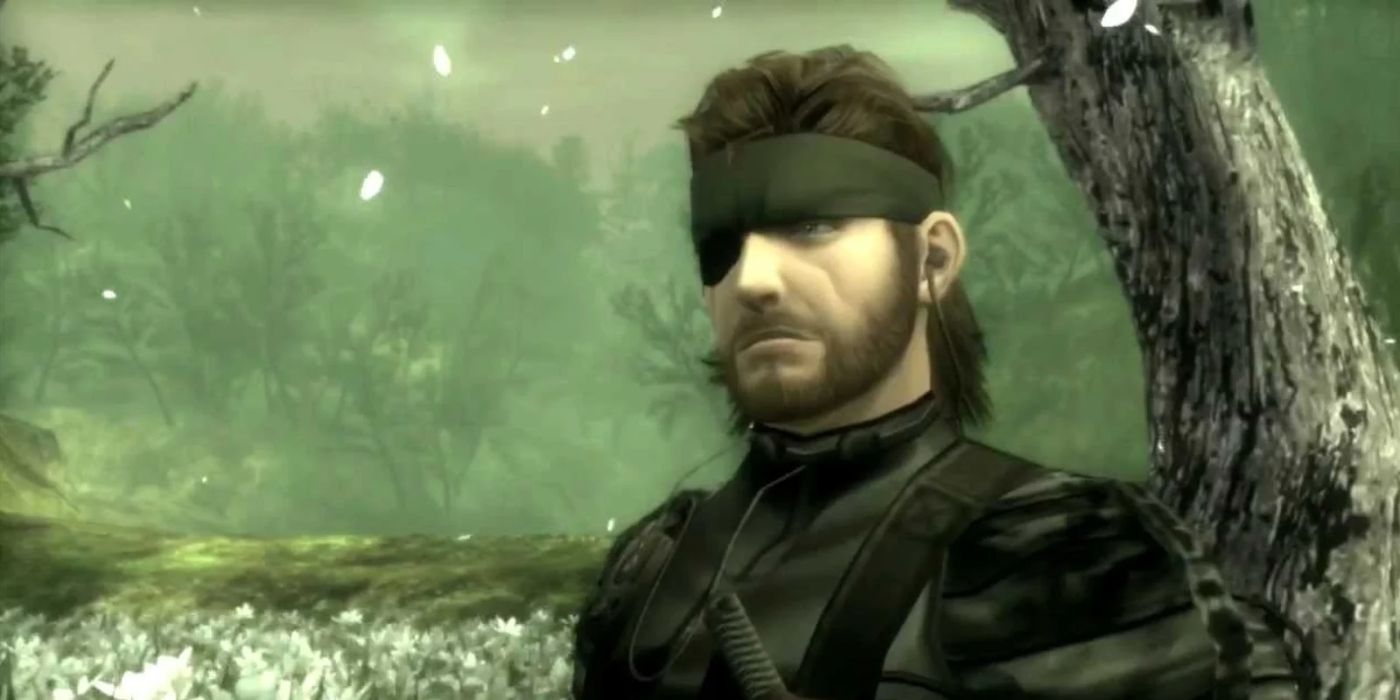Naked Snake looking out at The Boss (off-screen) in a field in Metal Gear Solid 3