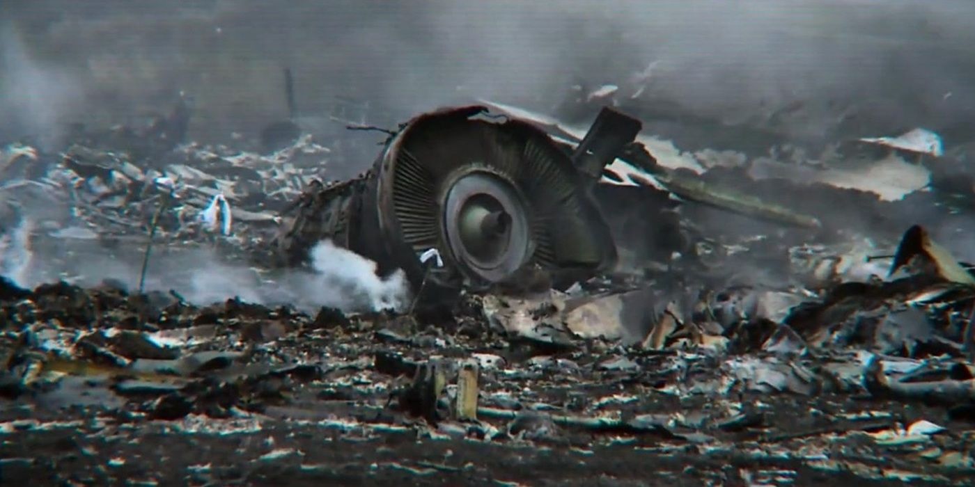 Wreckage of a plane on the ground in the MH370: The Plane That Disappeared documentary.
