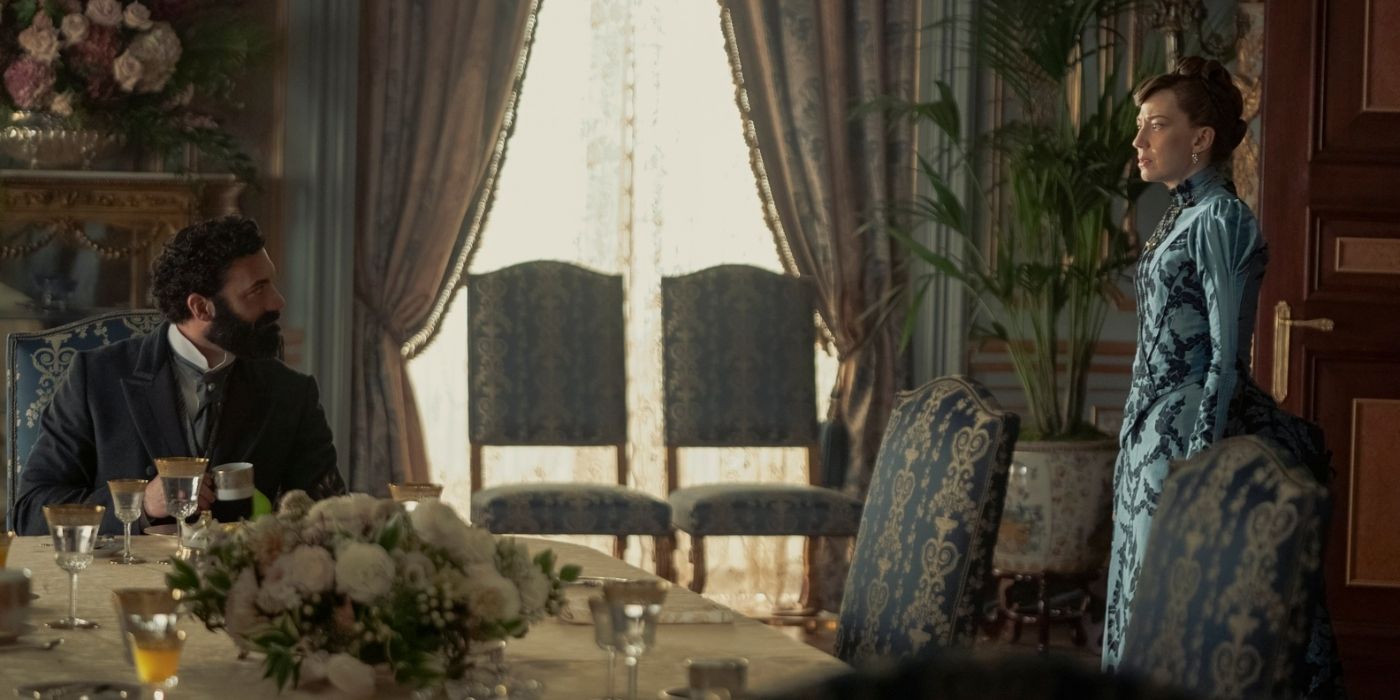 George (Morgan Spector) and Bertha (Carrie Coon) arguing in The Gilded Age Season 3