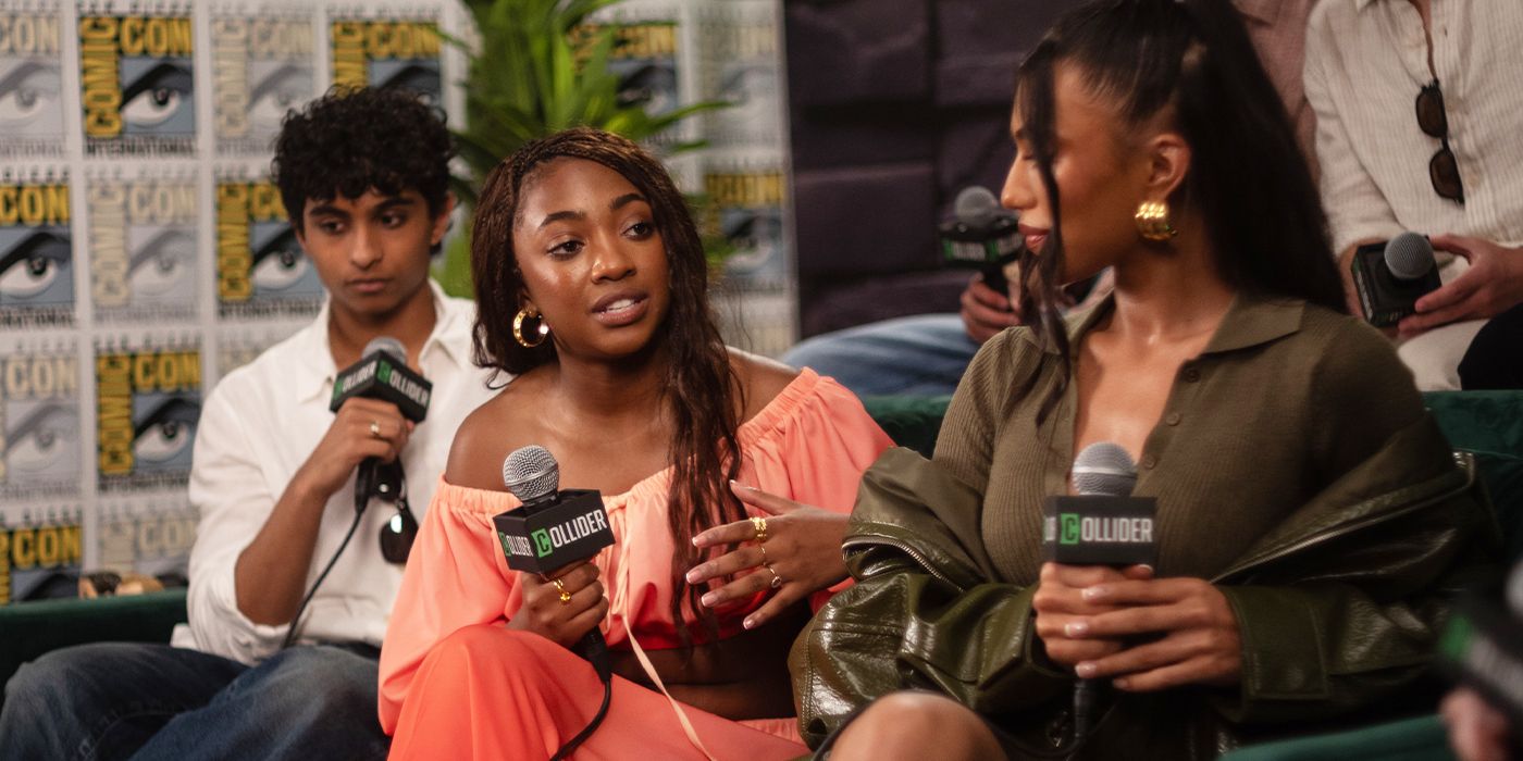 Aryan Simhadri, Leah Sava Jeffries and Dior Goodjohn at SDCC 2025 for Percy Jackson Season 2