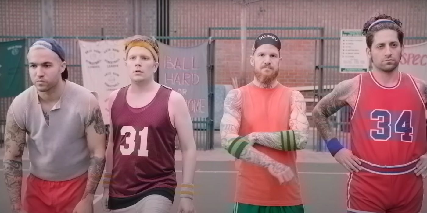 Pete Wentz, Patrick Stump, Andy Hurley, Joe Trohman, sporting athletic wear in a basketball court, for their "Irresistable" music video.