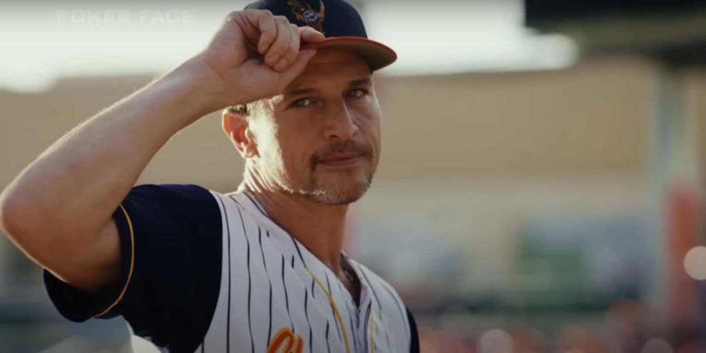 Simon Rex as Russ "Rocket" Waddell wearing a baseball uniform in Season 2 of 'Poker Face.'