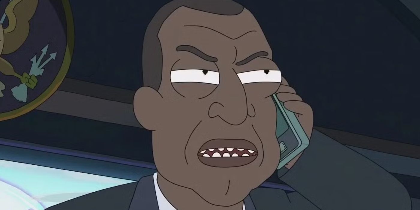 Keith David as President Andre Curtis, talking on the phone with a furious expression, in a still from 'Rick and Morty.'
