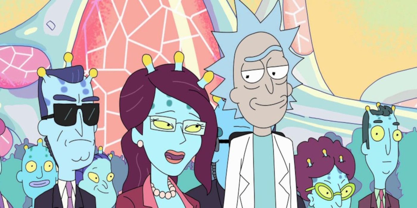 Rick smiles at Unity in the Rick and Morty episode "Auto Erotic Assimilation.