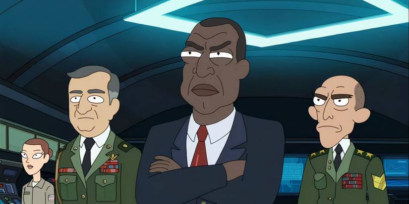 President Andre Curtis, looking serious, surrounded by his generals in Rick and Morty.