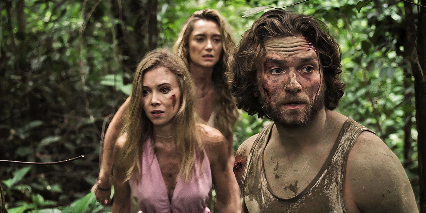 The cast of River of Blood looking through the forest bloody, moody, and covered in scratches
